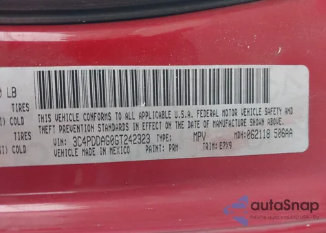 2016 Dodge Journey Se from USA, damaged, VIN 3C4PDDAG0GT242323